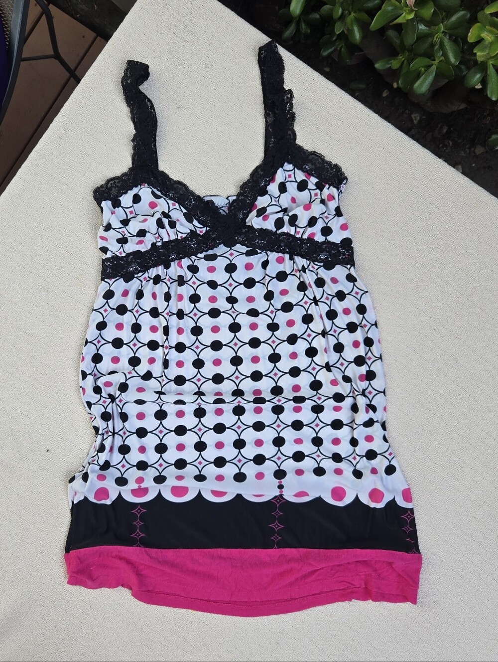 Black & White Geometric Lace Chemise with Pink Trim